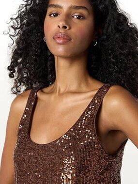 The Drop Medium Sequin Cami Chocolate Brown Crew Neck Sleeveless Sequin Tank Top